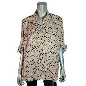 Notations Top Plus Size 2X Polka‎ Dot Roll Tab Sleeve Button Up Pockets Black